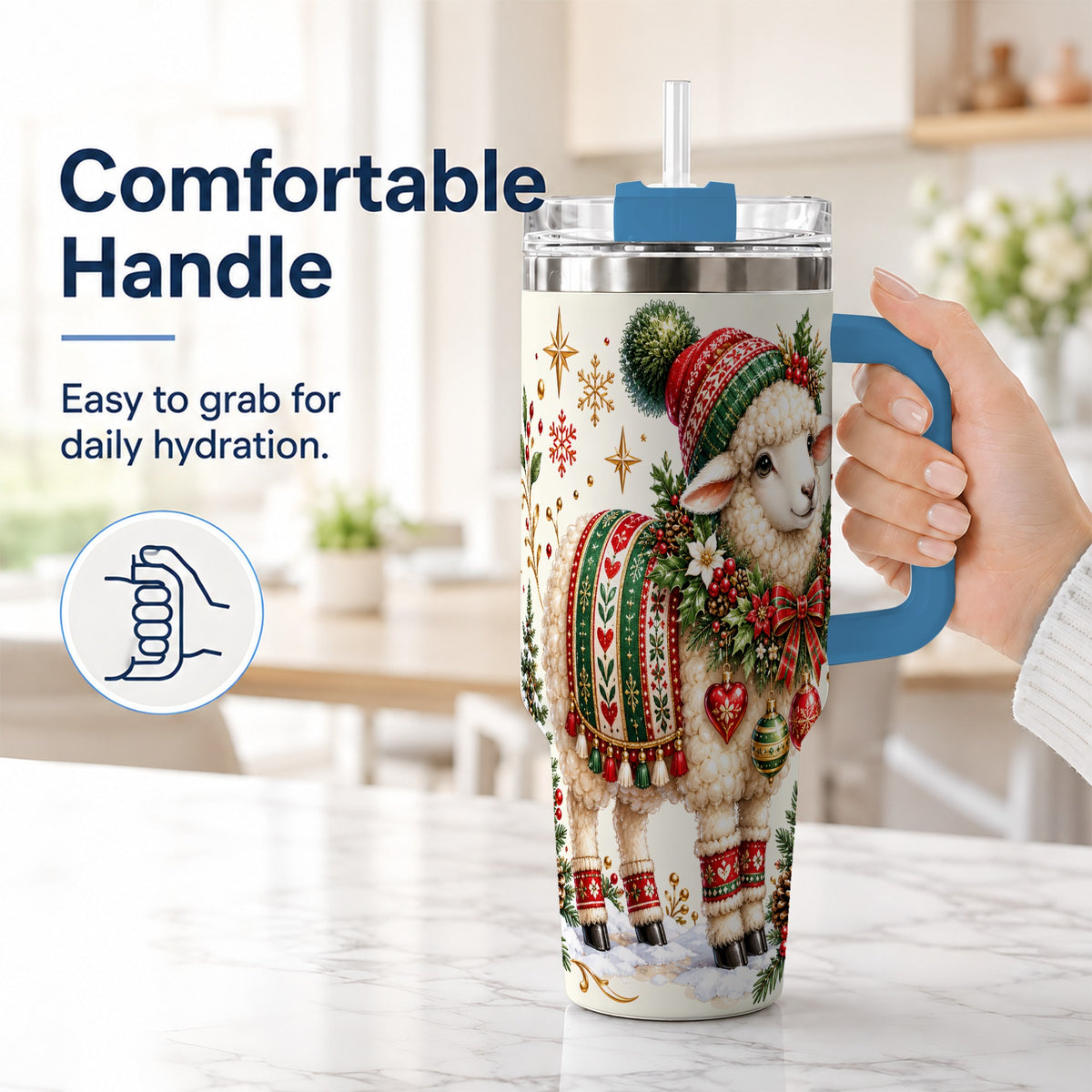#pl[40oz|Blue] Christmas Lamb 40oz Tumbler with Handle, Cozy Winter Sheep Artwork