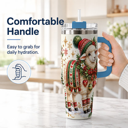 #pl[40oz|Blue] Christmas Lamb 40oz Tumbler with Handle, Cozy Winter Sheep Artwork