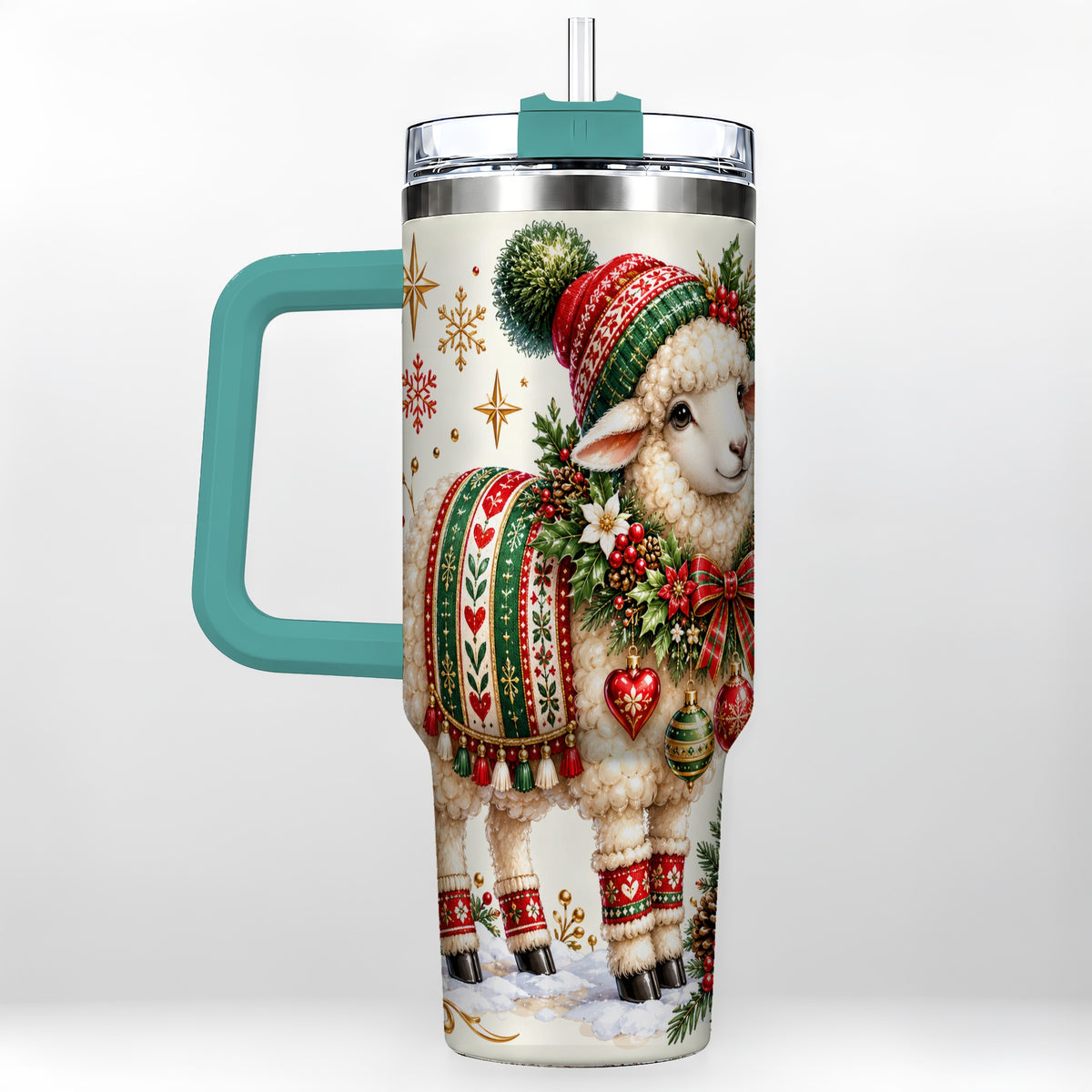 #pl[40oz|Green] Christmas Lamb 40oz Tumbler with Handle, Cozy Winter Sheep Artwork