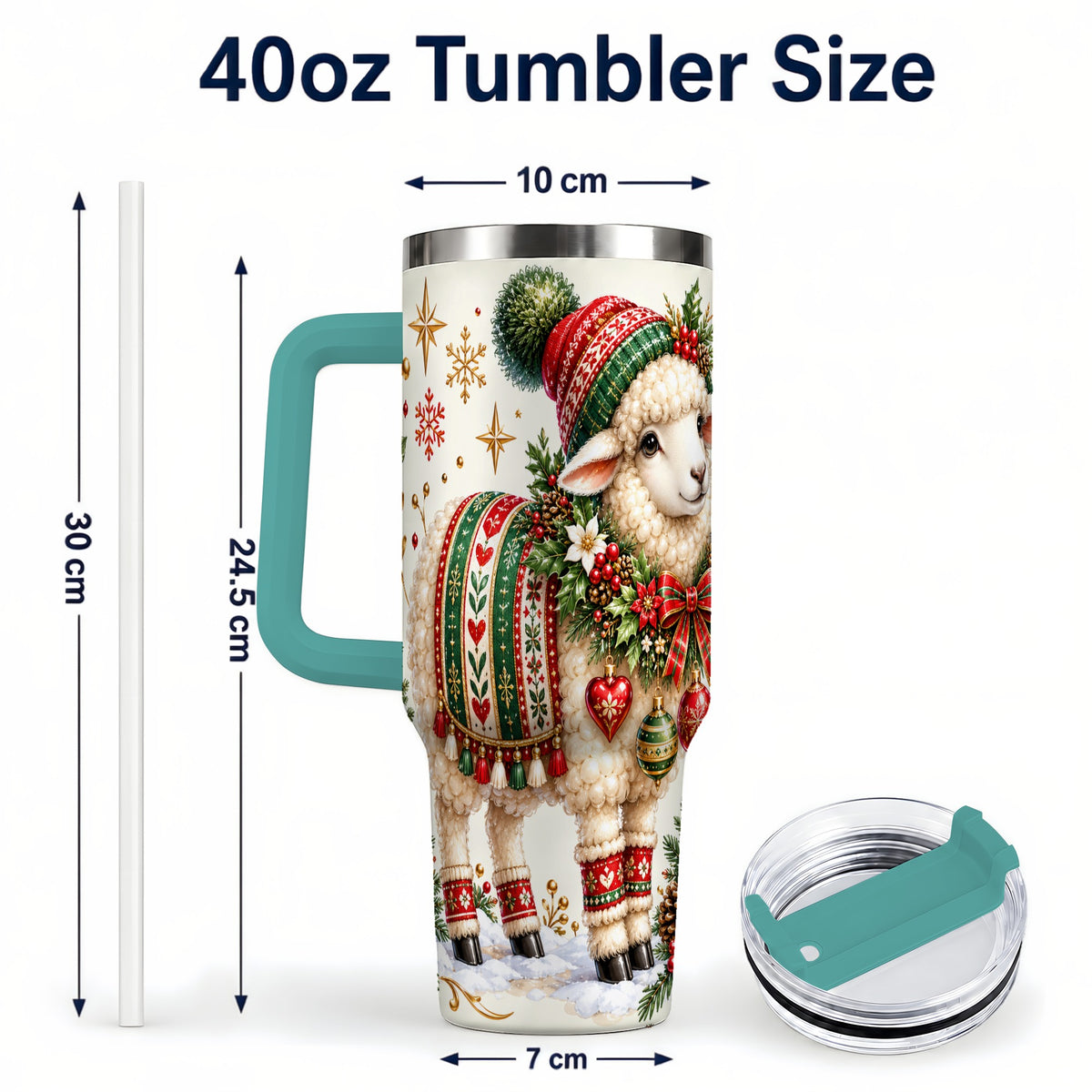 #pl[40oz|Green] Christmas Lamb 40oz Tumbler with Handle, Cozy Winter Sheep Artwork