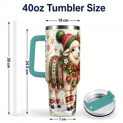 #pl[40oz|Green] Christmas Lamb 40oz Tumbler with Handle, Cozy Winter Sheep Artwork