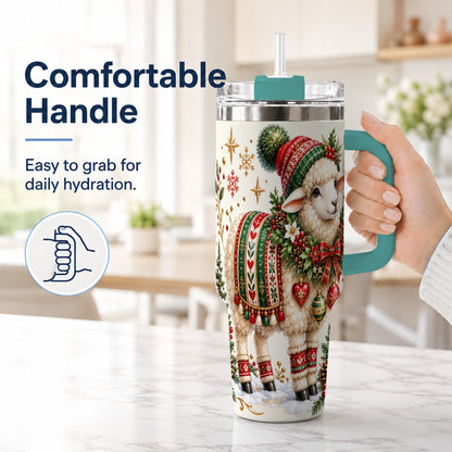 #pl[40oz|Green] Christmas Lamb 40oz Tumbler with Handle, Cozy Winter Sheep Artwork