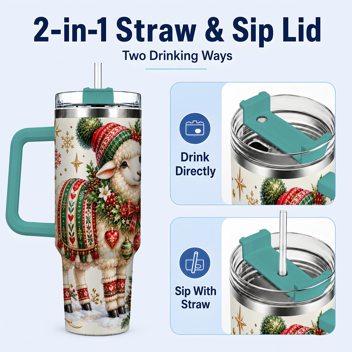 #pl[40oz|Green] Christmas Lamb 40oz Tumbler with Handle, Cozy Winter Sheep Artwork