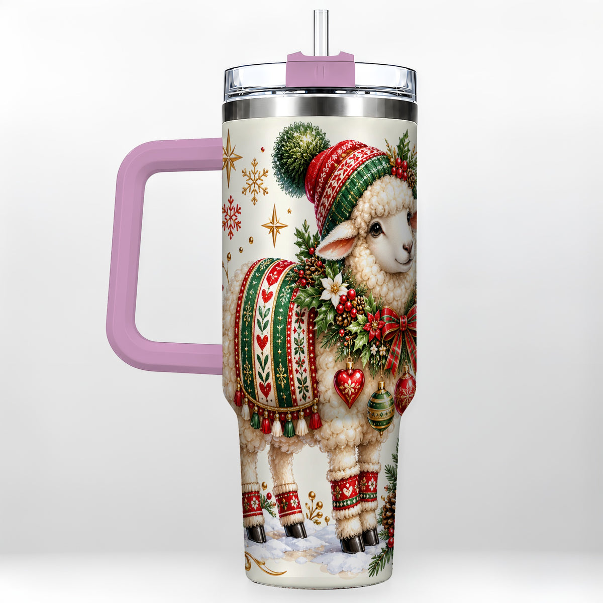 #pl[40oz|Pink] Christmas Lamb 40oz Tumbler with Handle, Cozy Winter Sheep Artwork