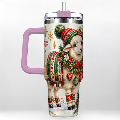 #pl[40oz|Pink] Christmas Lamb 40oz Tumbler with Handle, Cozy Winter Sheep Artwork