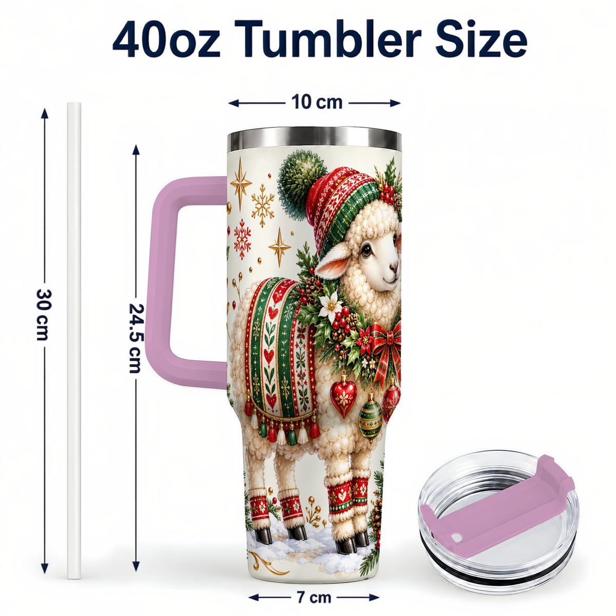 #pl[40oz|Pink] Christmas Lamb 40oz Tumbler with Handle, Cozy Winter Sheep Artwork