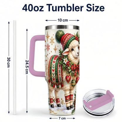 #pl[40oz|Pink] Christmas Lamb 40oz Tumbler with Handle, Cozy Winter Sheep Artwork