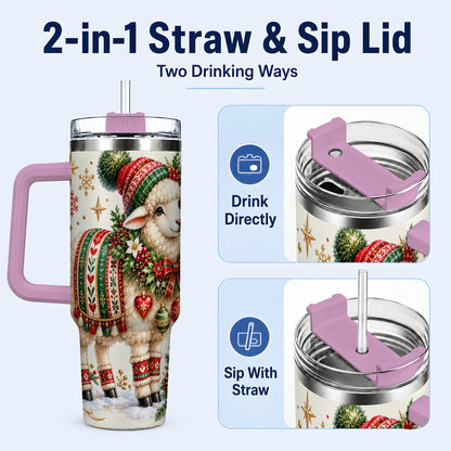#pl[40oz|Pink] Christmas Lamb 40oz Tumbler with Handle, Cozy Winter Sheep Artwork