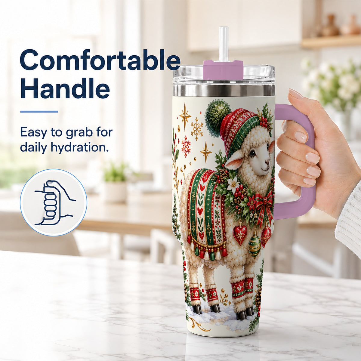 #pl[40oz|Pink] Christmas Lamb 40oz Tumbler with Handle, Cozy Winter Sheep Artwork