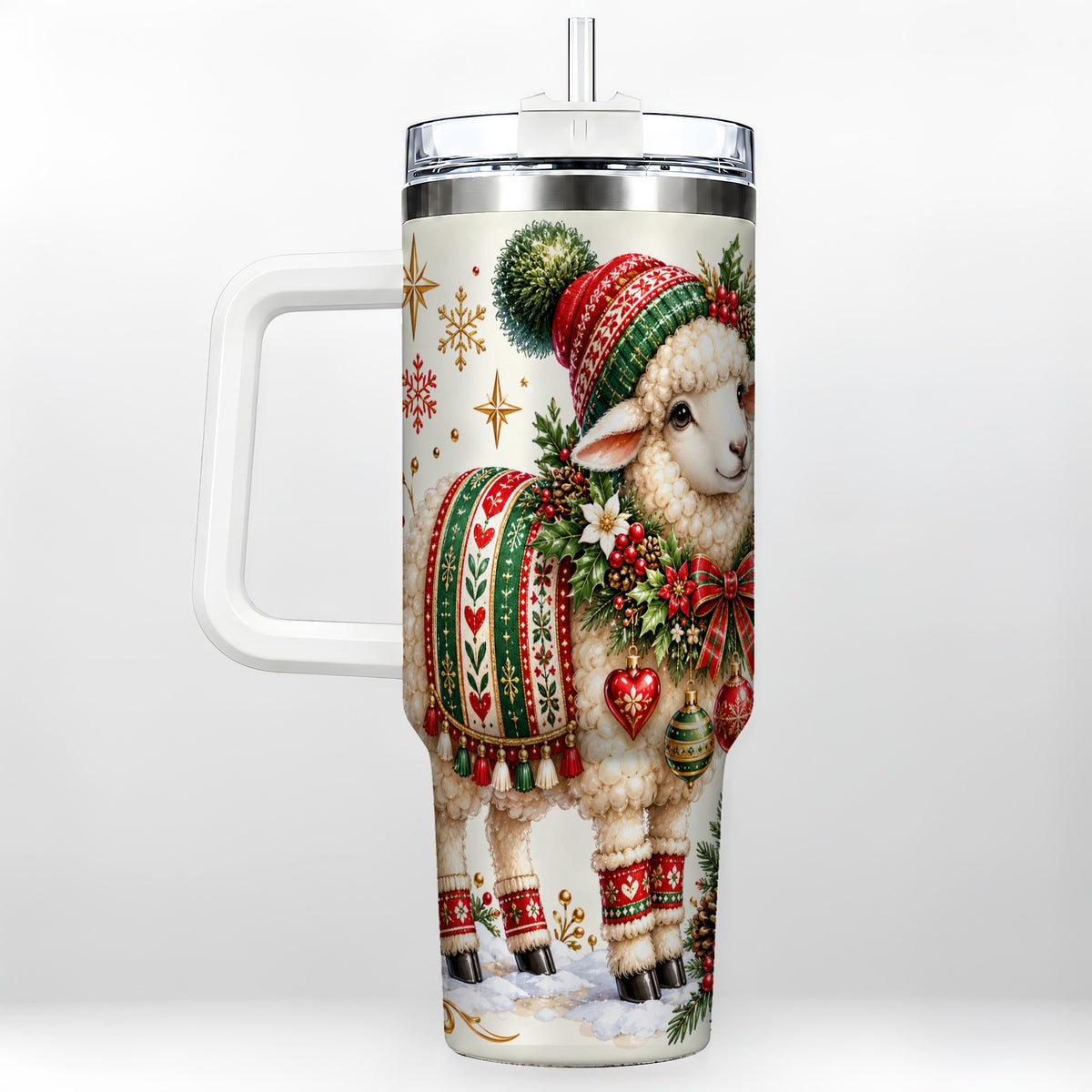 Christmas Lamb 40oz Tumbler with Handle, Cozy Winter Sheep Artwork