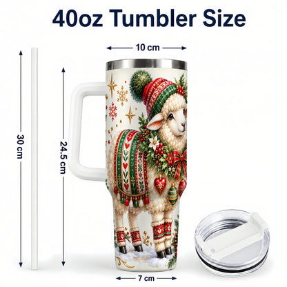 #pl[40oz|White] Christmas Lamb 40oz Tumbler with Handle, Cozy Winter Sheep Artwork