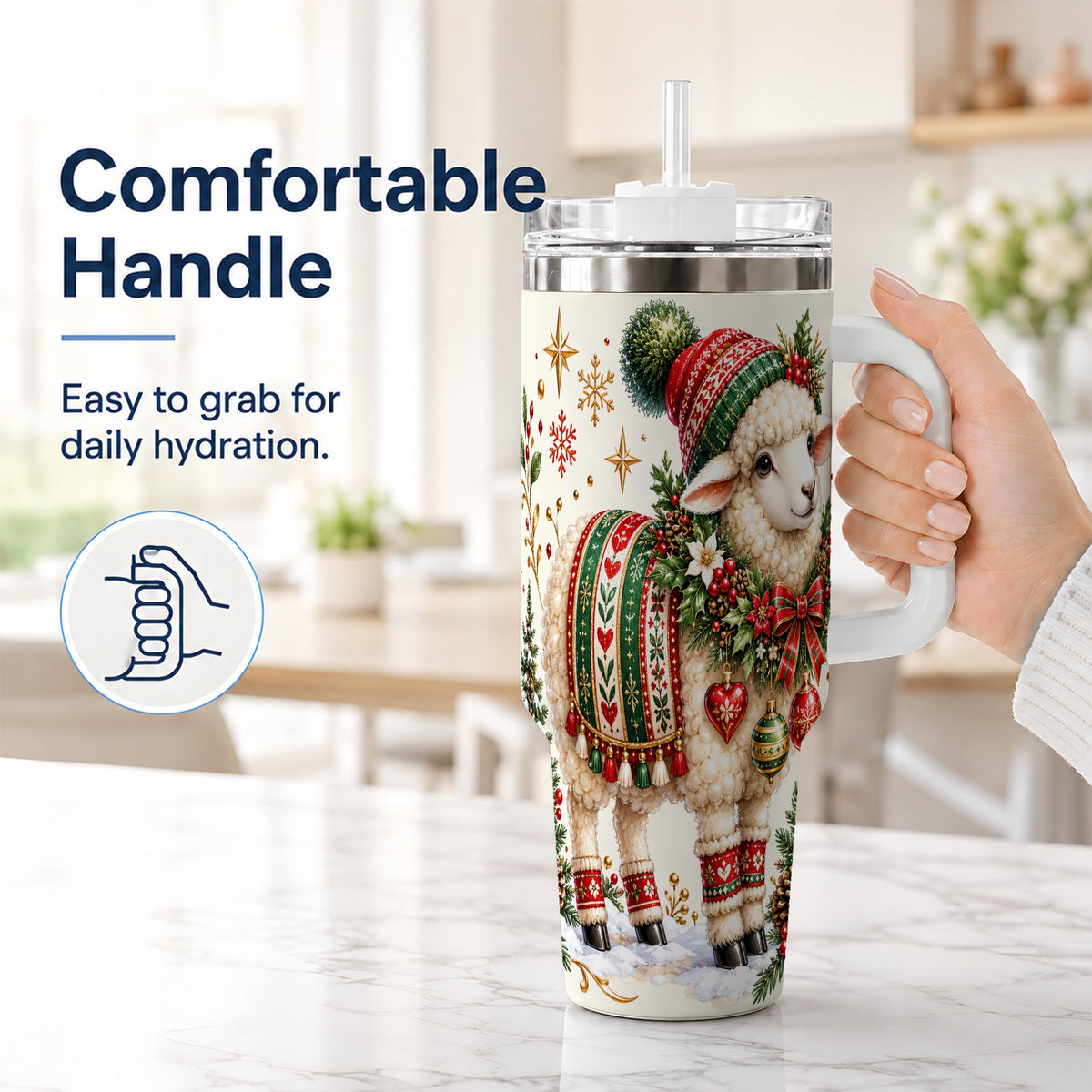 #pl[40oz|White] Christmas Lamb 40oz Tumbler with Handle, Cozy Winter Sheep Artwork