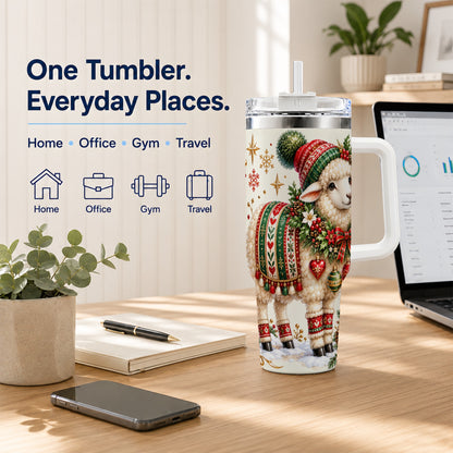 Christmas Lamb 40oz Tumbler with Handle, Cozy Winter Sheep Artwork