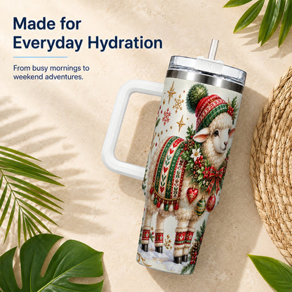 Christmas Lamb 40oz Tumbler with Handle, Cozy Winter Sheep Artwork
