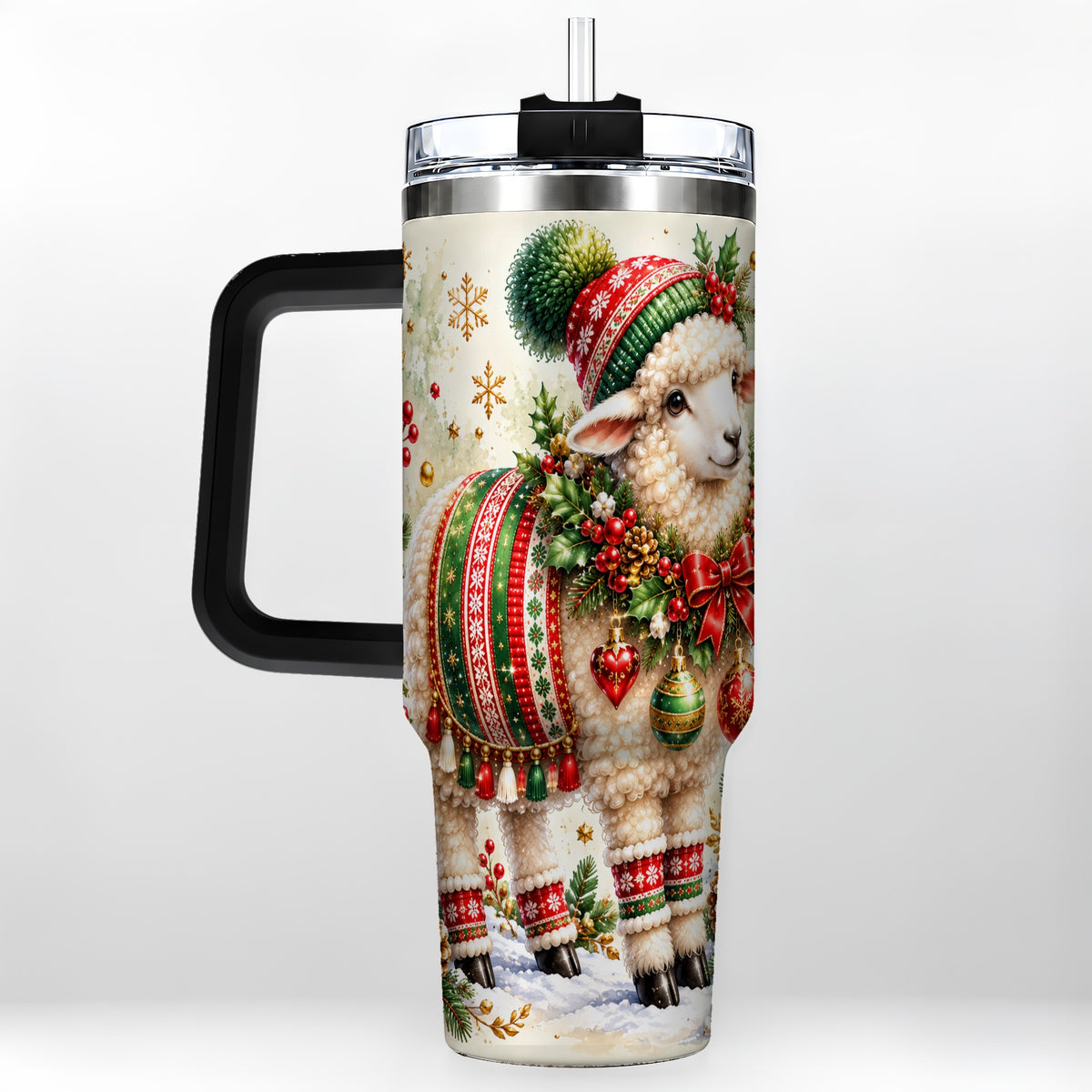 #pl[40oz|Black] Christmas Sheep 40oz Tumbler with Handle, Festive Lamb Floral Artwork