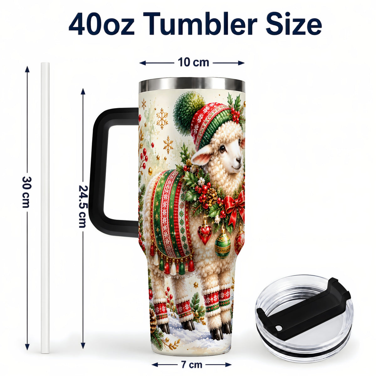 #pl[40oz|Black] Christmas Sheep 40oz Tumbler with Handle, Festive Lamb Floral Artwork