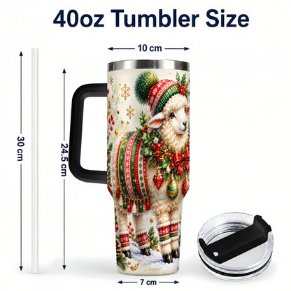 #pl[40oz|Black] Christmas Sheep 40oz Tumbler with Handle, Festive Lamb Floral Artwork