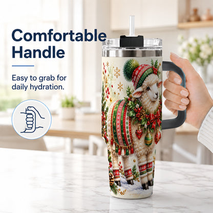 #pl[40oz|Black] Christmas Sheep 40oz Tumbler with Handle, Festive Lamb Floral Artwork