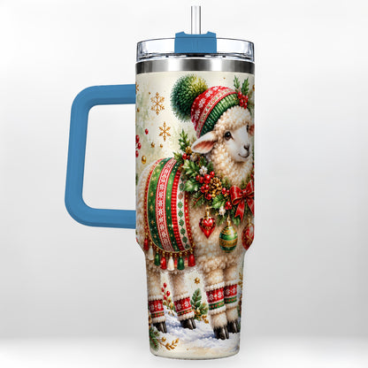 #pl[40oz|Blue] Christmas Sheep 40oz Tumbler with Handle, Festive Lamb Floral Artwork