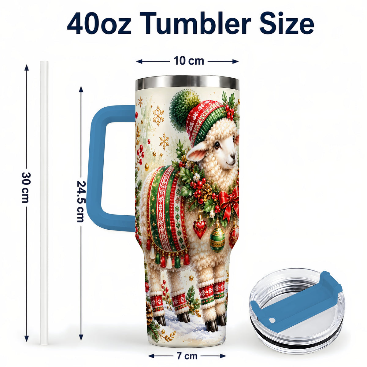 #pl[40oz|Blue] Christmas Sheep 40oz Tumbler with Handle, Festive Lamb Floral Artwork