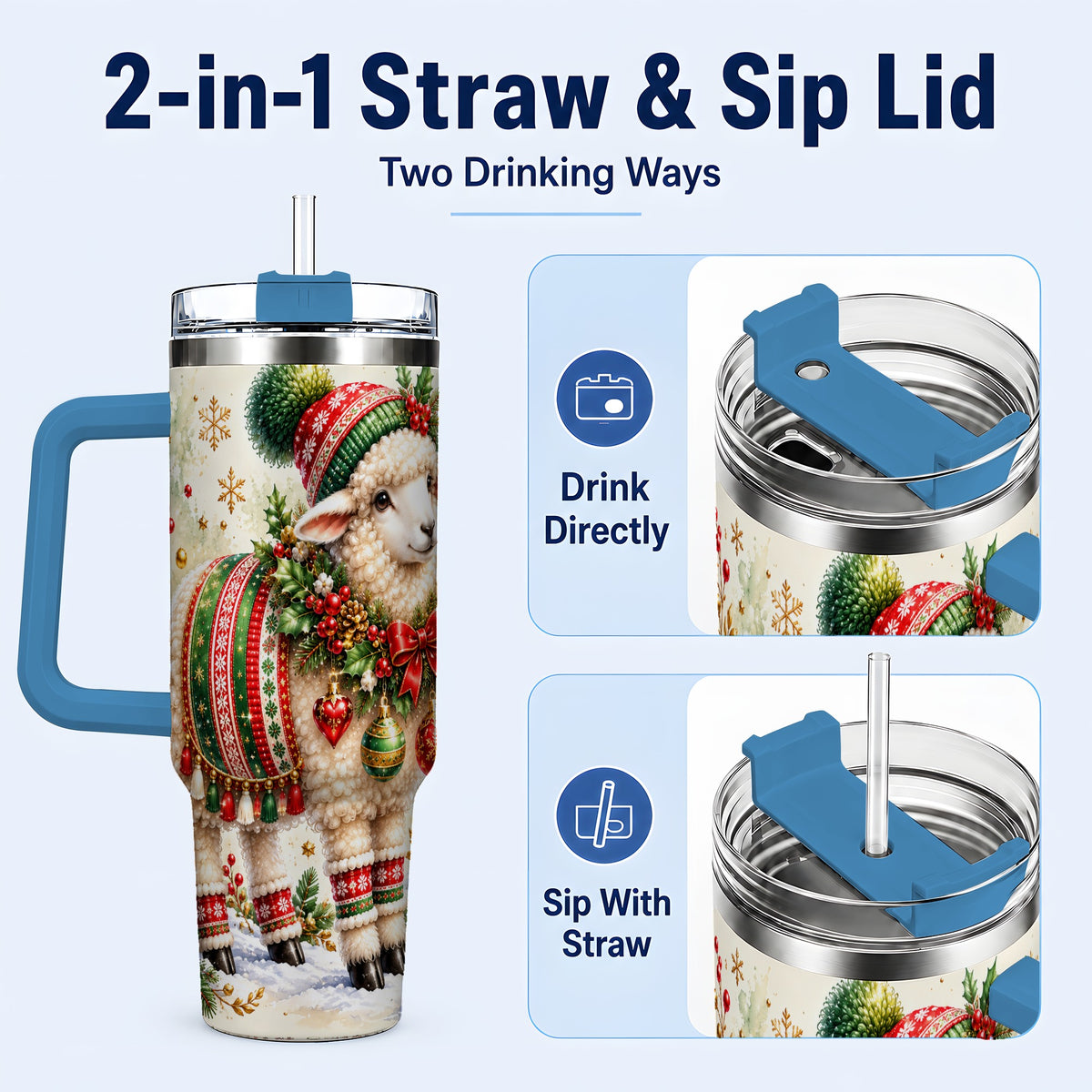 #pl[40oz|Blue] Christmas Sheep 40oz Tumbler with Handle, Festive Lamb Floral Artwork