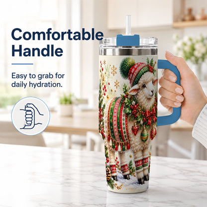 #pl[40oz|Blue] Christmas Sheep 40oz Tumbler with Handle, Festive Lamb Floral Artwork