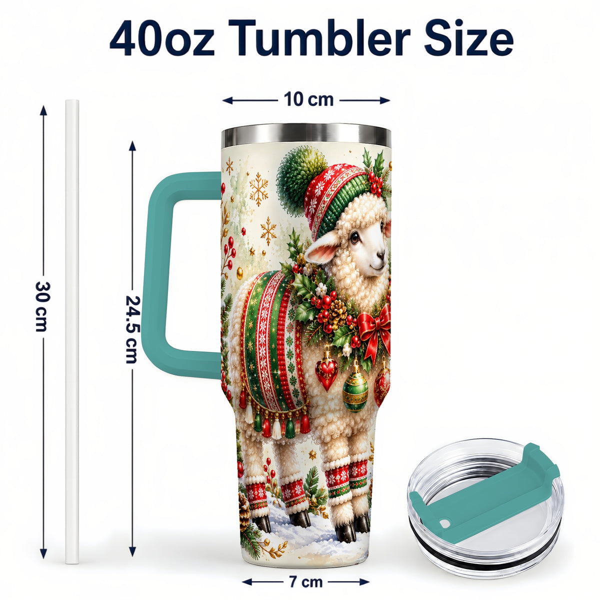 #pl[40oz|Green] Christmas Sheep 40oz Tumbler with Handle, Festive Lamb Floral Artwork