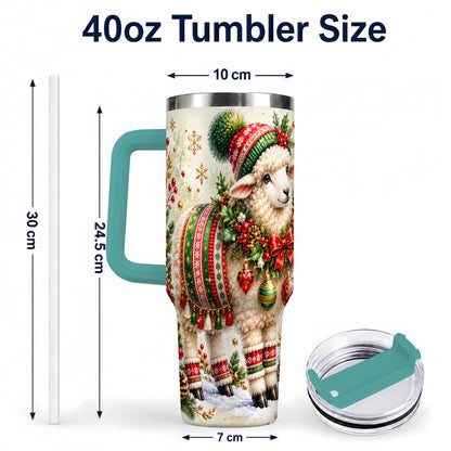 #pl[40oz|Green] Christmas Sheep 40oz Tumbler with Handle, Festive Lamb Floral Artwork