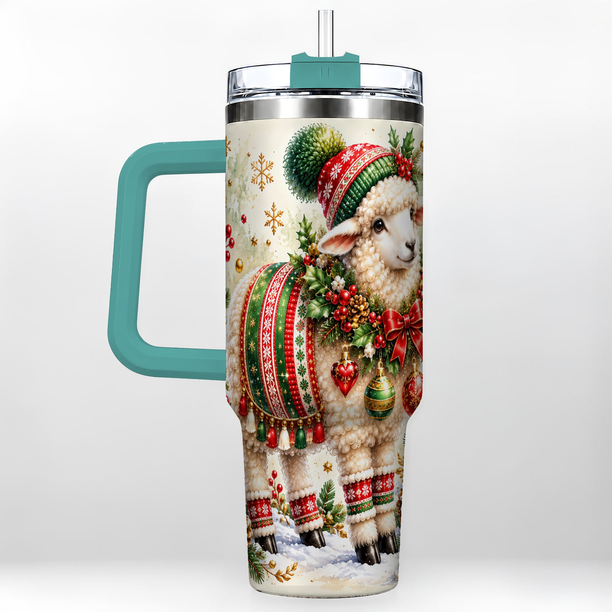 #pl[40oz|Green] Christmas Sheep 40oz Tumbler with Handle, Festive Lamb Floral Artwork