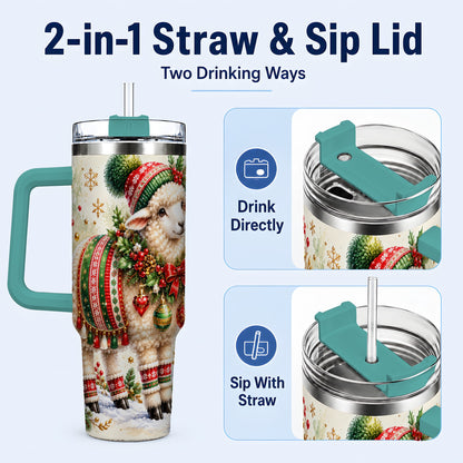 #pl[40oz|Green] Christmas Sheep 40oz Tumbler with Handle, Festive Lamb Floral Artwork
