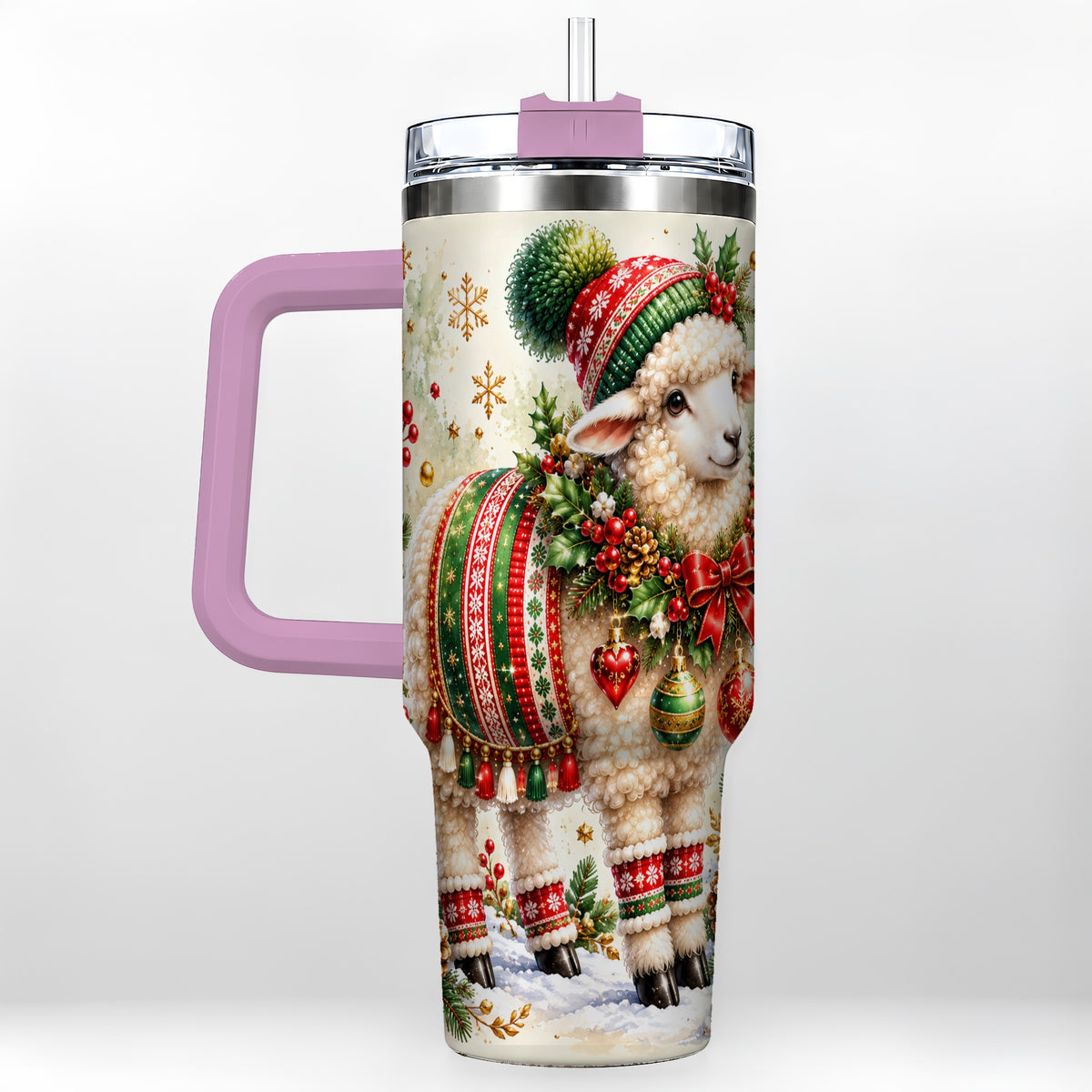 #pl[40oz|Pink] Christmas Sheep 40oz Tumbler with Handle, Festive Lamb Floral Artwork