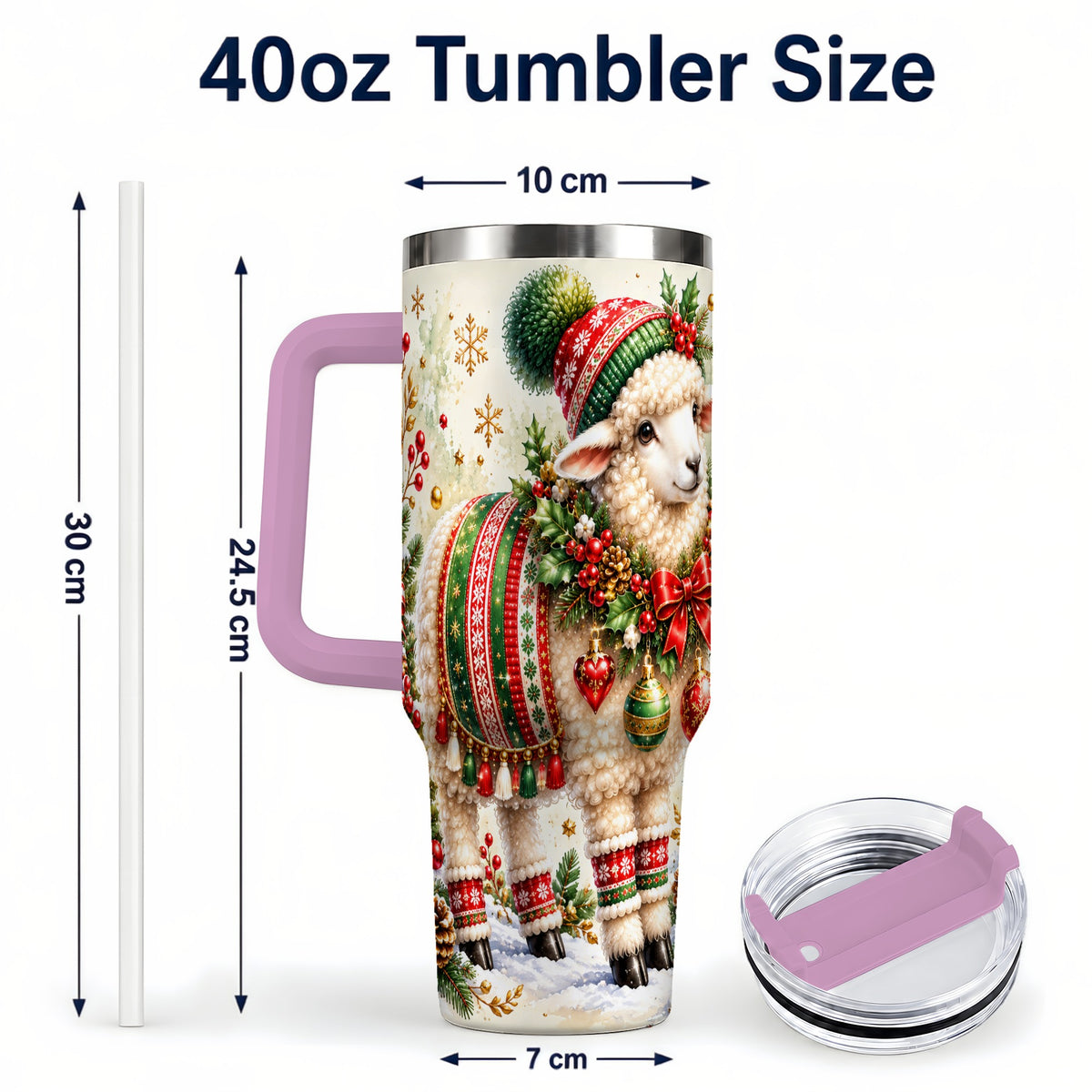 #pl[40oz|Pink] Christmas Sheep 40oz Tumbler with Handle, Festive Lamb Floral Artwork