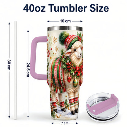 #pl[40oz|Pink] Christmas Sheep 40oz Tumbler with Handle, Festive Lamb Floral Artwork
