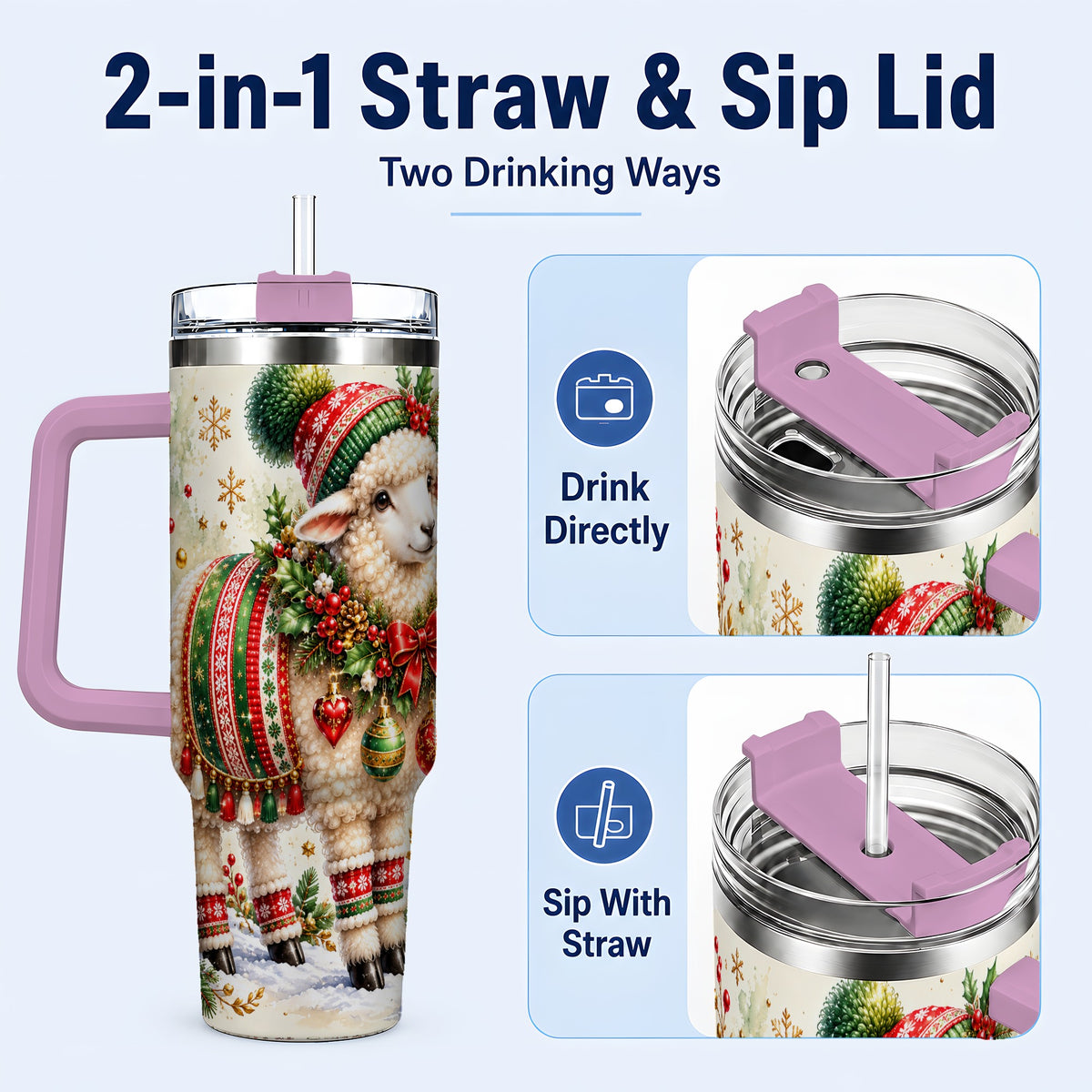 #pl[40oz|Pink] Christmas Sheep 40oz Tumbler with Handle, Festive Lamb Floral Artwork