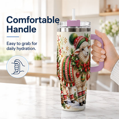 #pl[40oz|Pink] Christmas Sheep 40oz Tumbler with Handle, Festive Lamb Floral Artwork