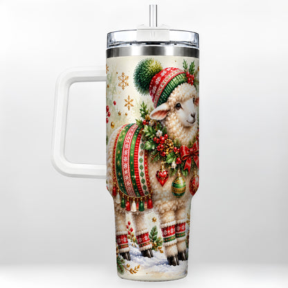 Christmas Sheep 40oz Tumbler with Handle, Festive Lamb Floral Artwork