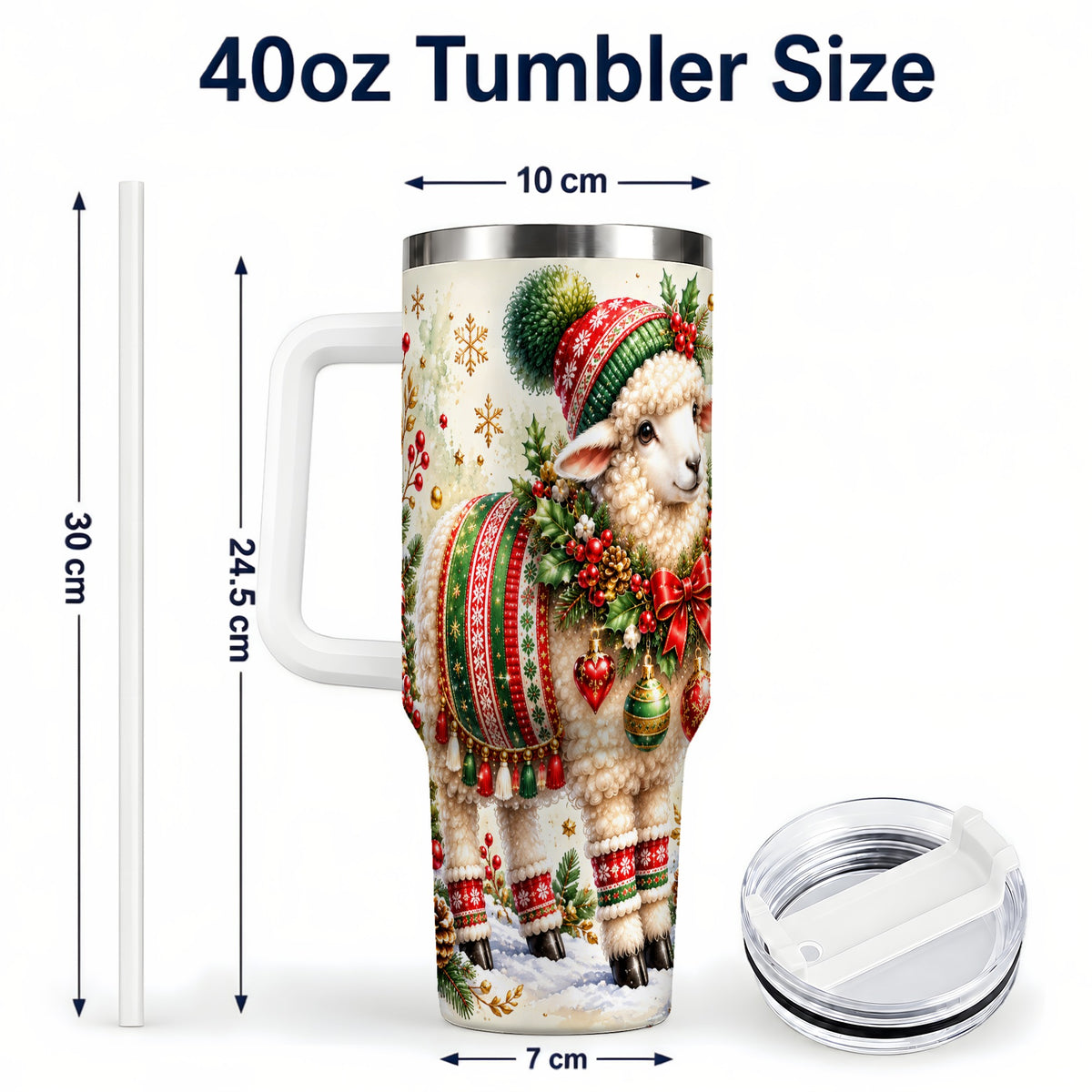 #pl[40oz|White] Christmas Sheep 40oz Tumbler with Handle, Festive Lamb Floral Artwork