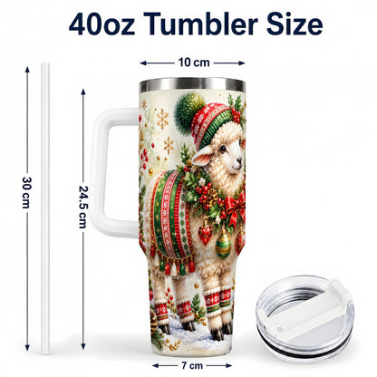 #pl[40oz|White] Christmas Sheep 40oz Tumbler with Handle, Festive Lamb Floral Artwork