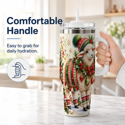 #pl[40oz|White] Christmas Sheep 40oz Tumbler with Handle, Festive Lamb Floral Artwork
