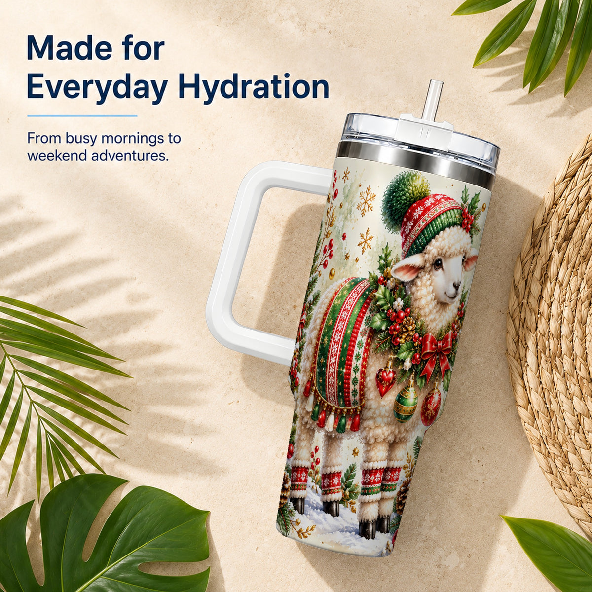 Christmas Sheep 40oz Tumbler with Handle, Festive Lamb Floral Artwork