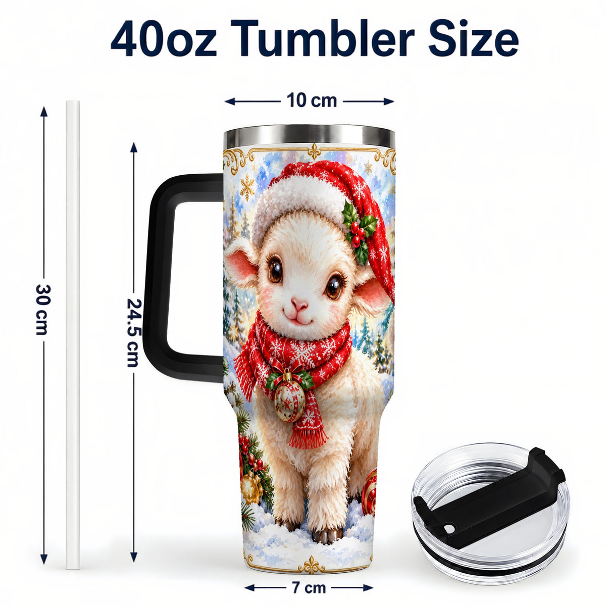 #pl[40oz|Black] Christmas Lamb 40oz Tumbler with Handle, Festive Sheep Travel Cup