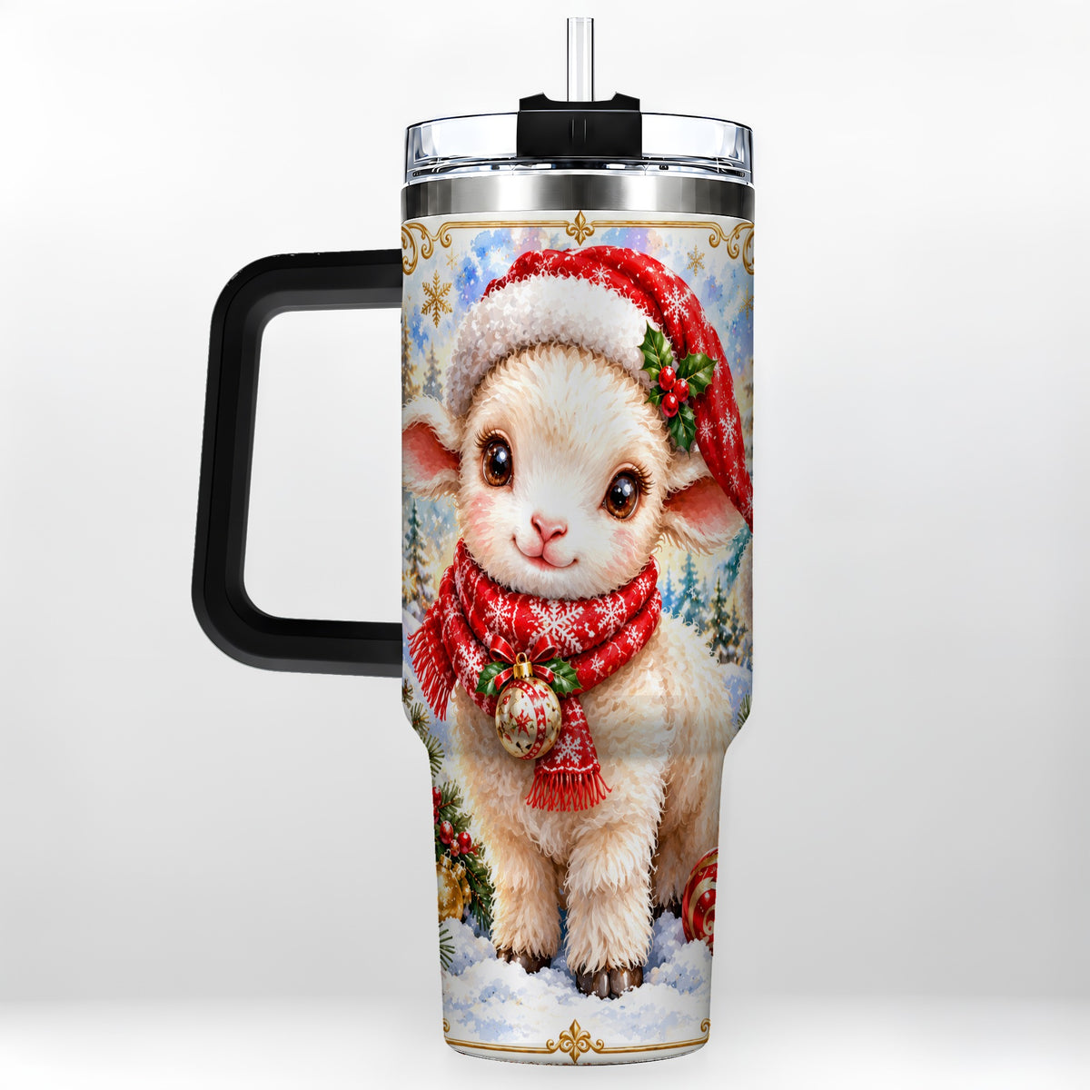 #pl[40oz|Black] Christmas Lamb 40oz Tumbler with Handle, Festive Sheep Travel Cup