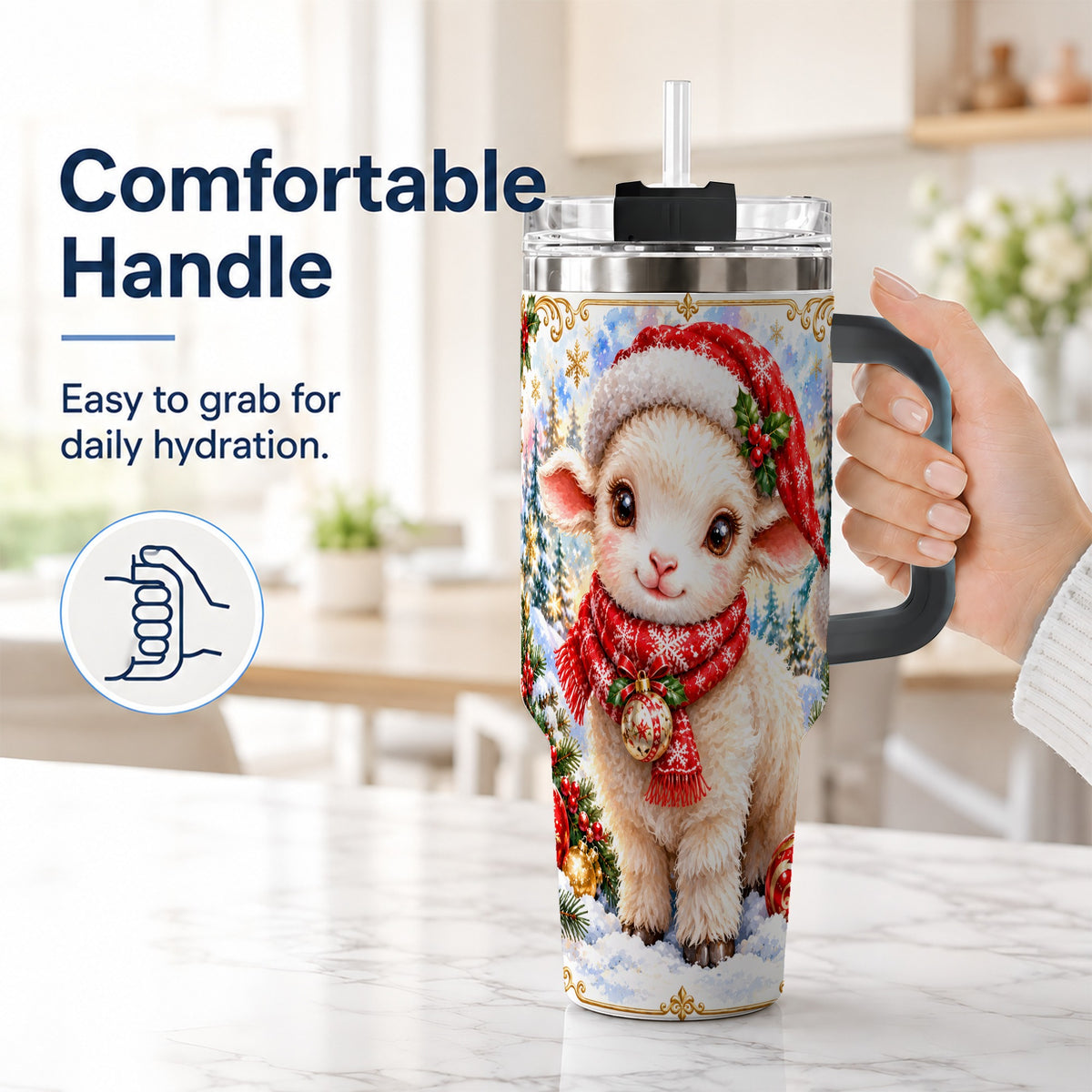 #pl[40oz|Black] Christmas Lamb 40oz Tumbler with Handle, Festive Sheep Travel Cup