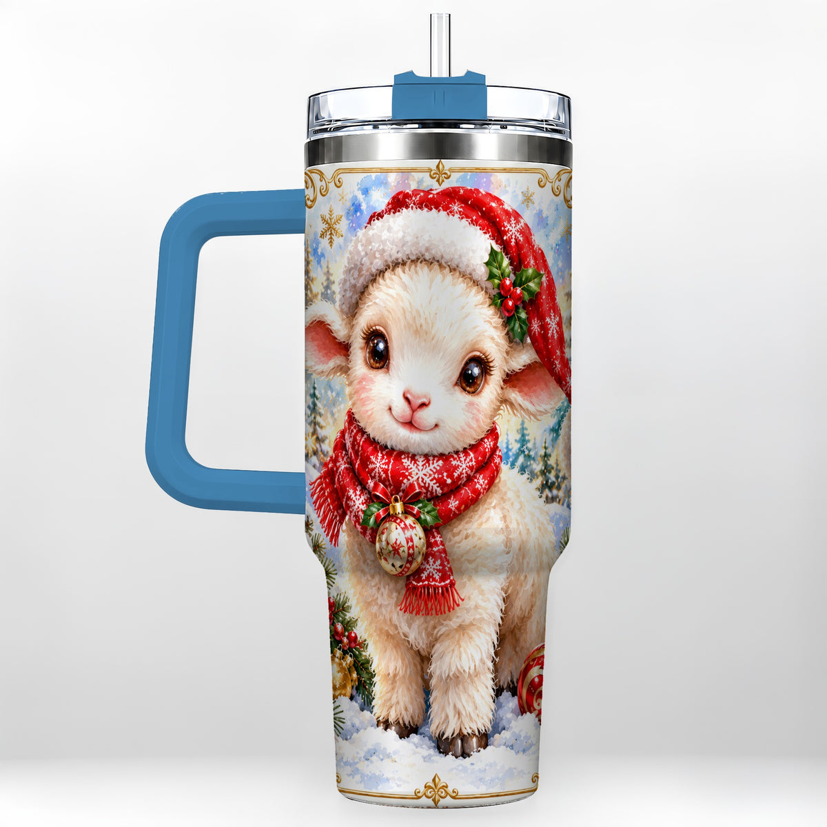 #pl[40oz|Blue] Christmas Lamb 40oz Tumbler with Handle, Festive Sheep Travel Cup