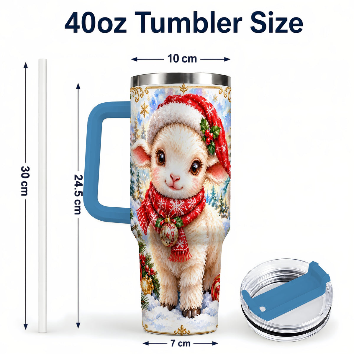 #pl[40oz|Blue] Christmas Lamb 40oz Tumbler with Handle, Festive Sheep Travel Cup
