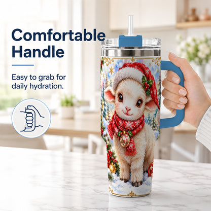 #pl[40oz|Blue] Christmas Lamb 40oz Tumbler with Handle, Festive Sheep Travel Cup