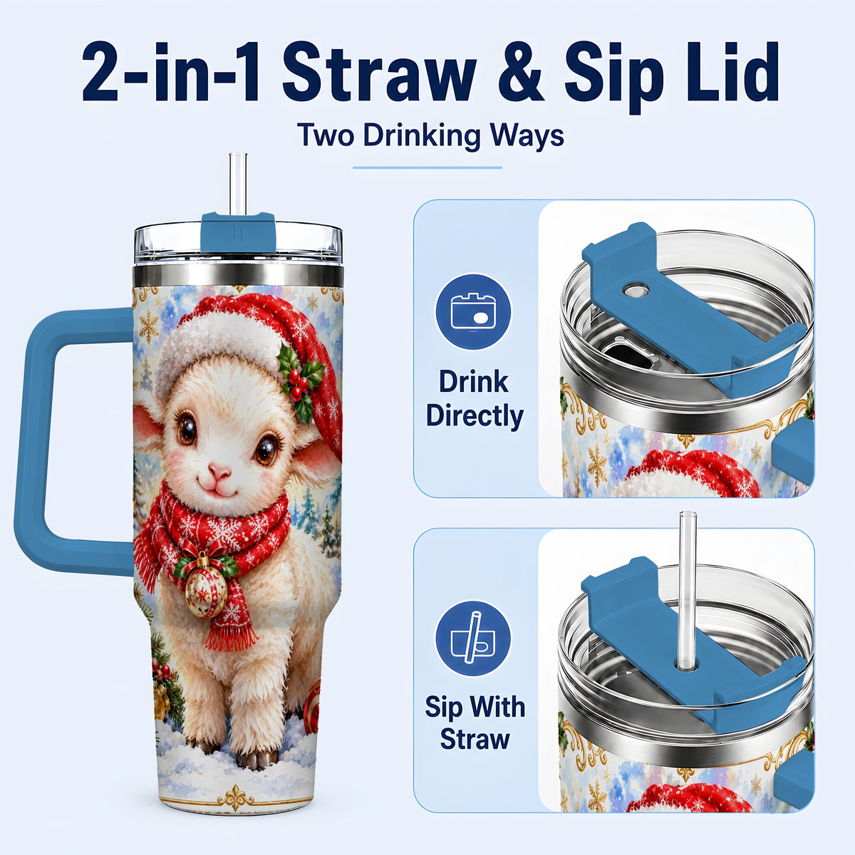 #pl[40oz|Blue] Christmas Lamb 40oz Tumbler with Handle, Festive Sheep Travel Cup