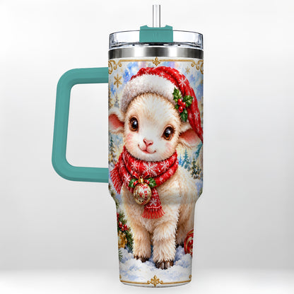 #pl[40oz|Green] Christmas Lamb 40oz Tumbler with Handle, Festive Sheep Travel Cup