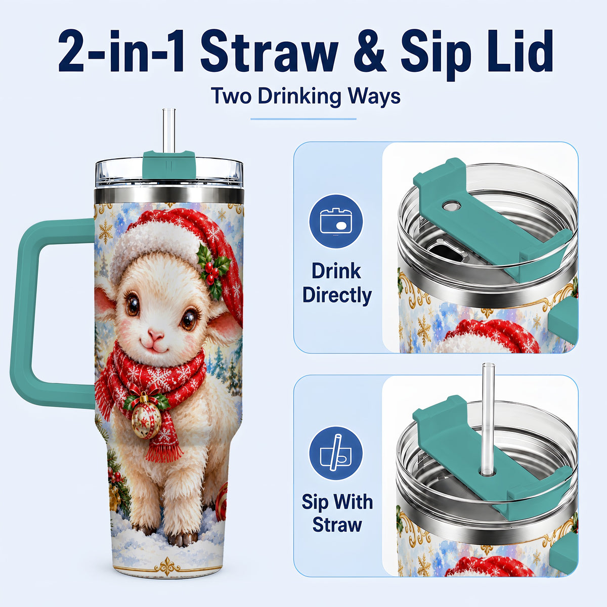 #pl[40oz|Green] Christmas Lamb 40oz Tumbler with Handle, Festive Sheep Travel Cup