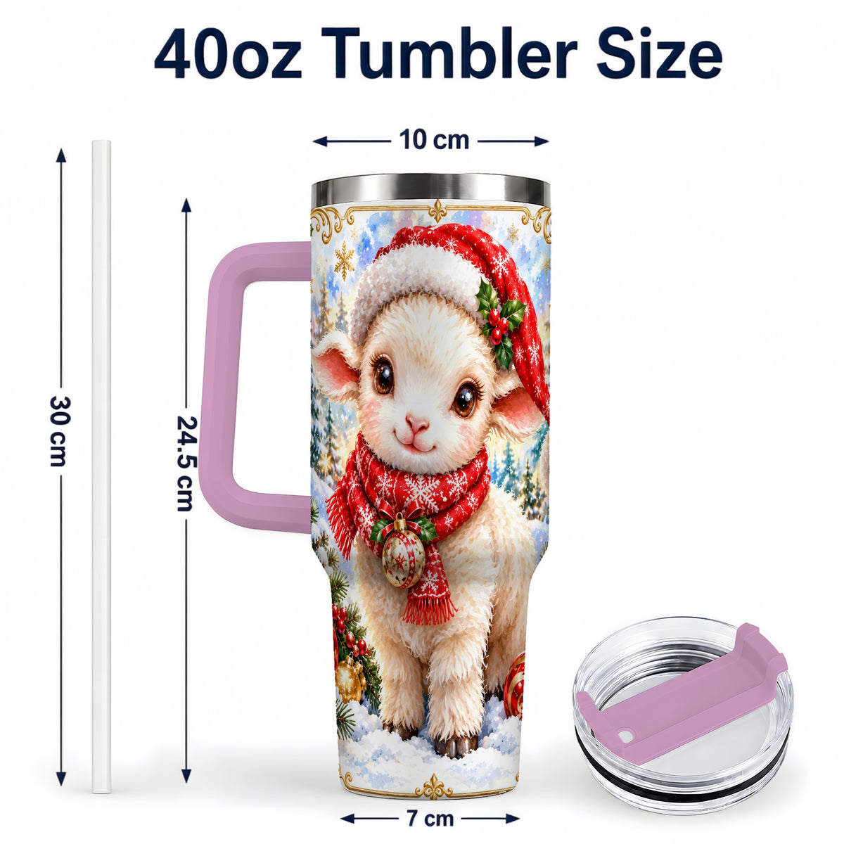 #pl[40oz|Pink] Christmas Lamb 40oz Tumbler with Handle, Festive Sheep Travel Cup